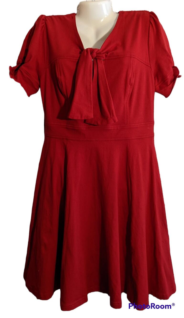 NWT eShakti Crimson Red Tie Neck Accent Button Short Sleeve Knit Dress XL/16